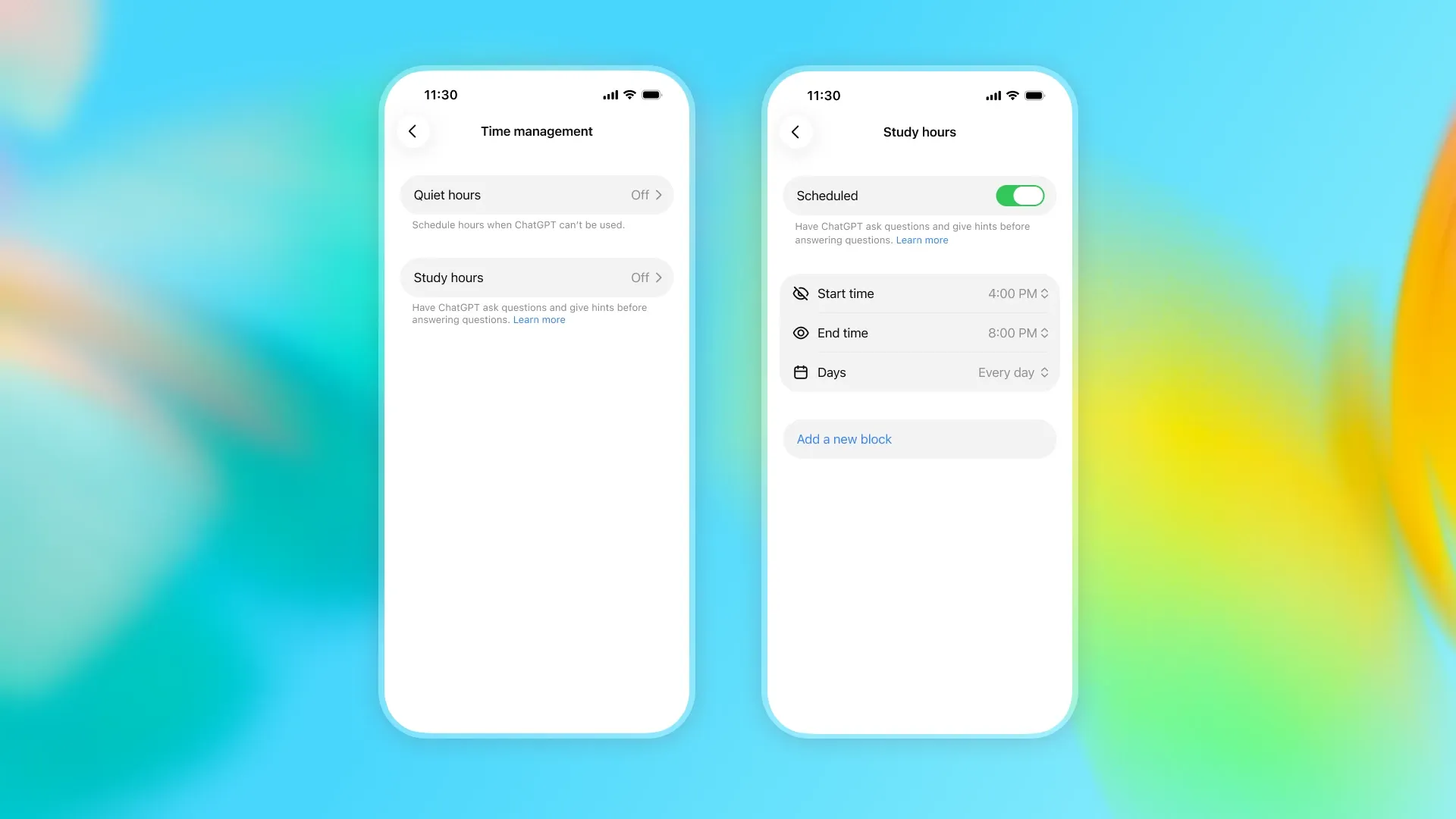 OpenAI lança ChatGPT para Adolescentes Definição do horário de estudo (Study Hours) no ChatGPT for Teens