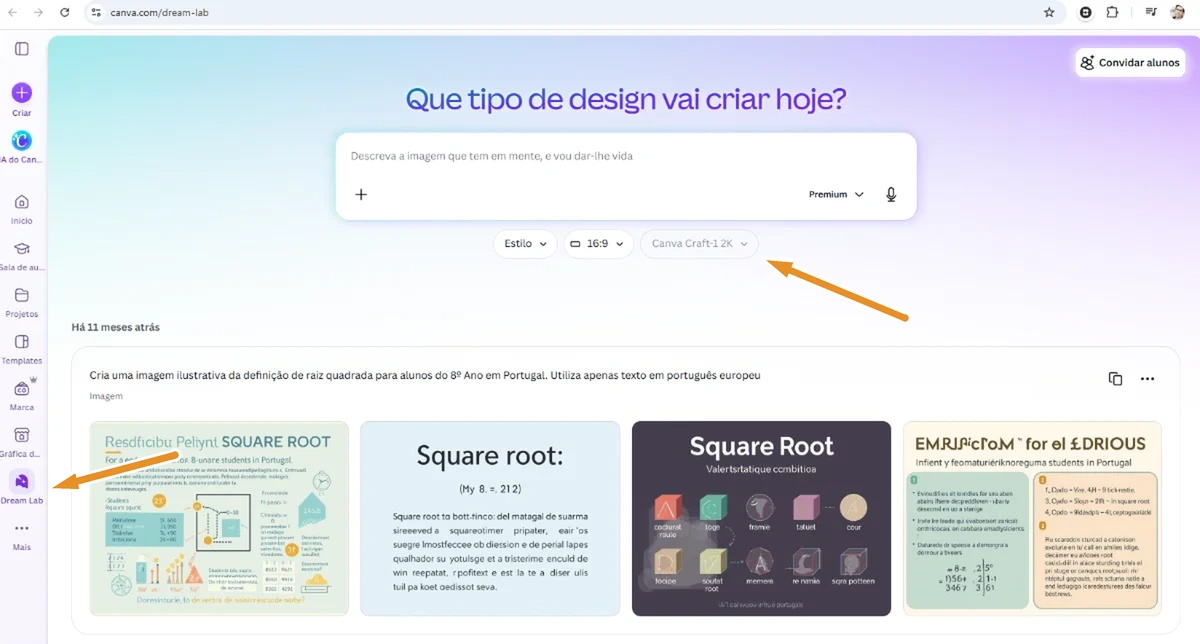 Canva Craft: um dos melhores geradores de imagem, gratuito para professores Dream Lab no Canva, com setas a indicar o atalho no menu lateral e a seleção do modelo Canva Craft