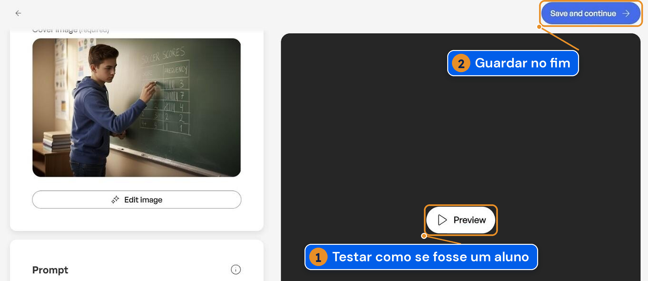 Ecrã de configuração com o botão Preview na área de pré-visualização e o botão Save and continue